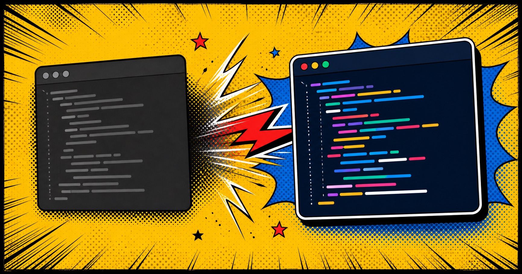 A plain code editor transforming into a polished, colorful code screenshot.