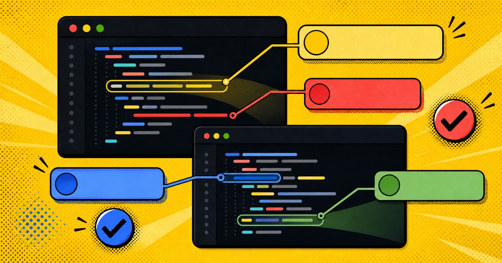 Code editor cards connected to clear review annotations and approval marks.