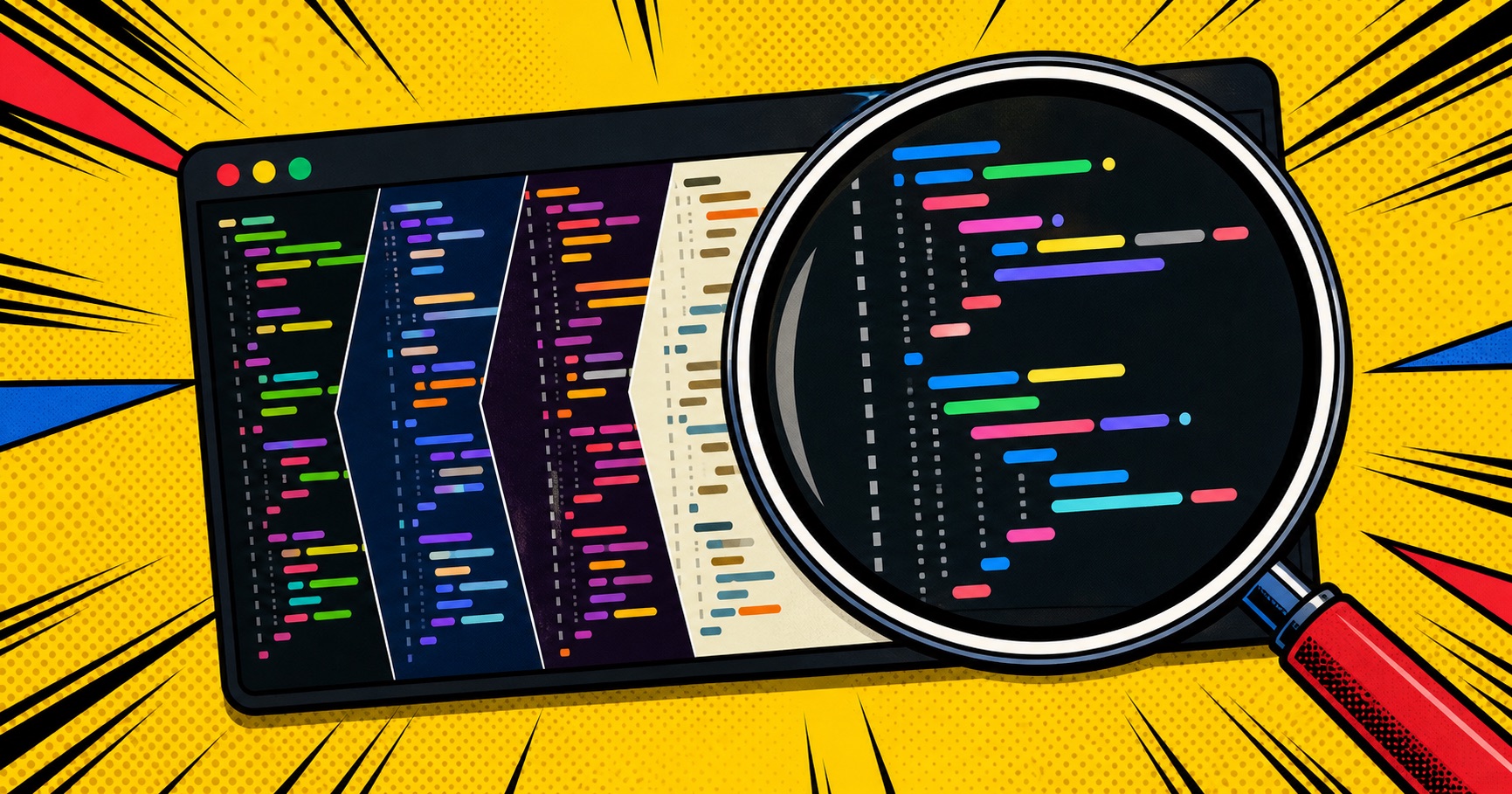 A magnifying glass inspecting colorful syntax highlighting themes.